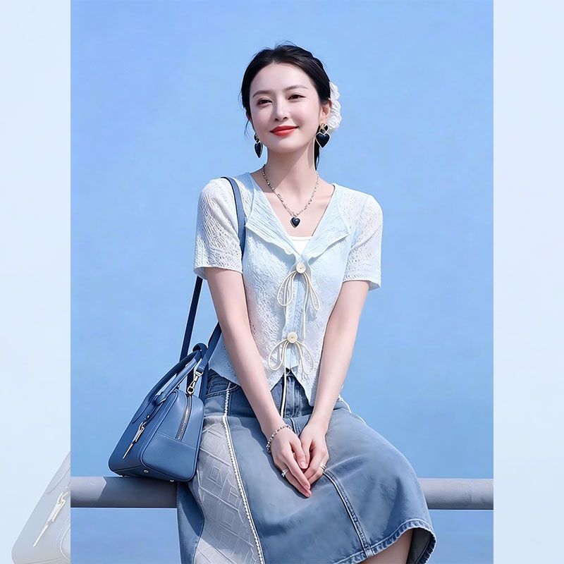 百搭韩系V领荷叶边短袖T恤女