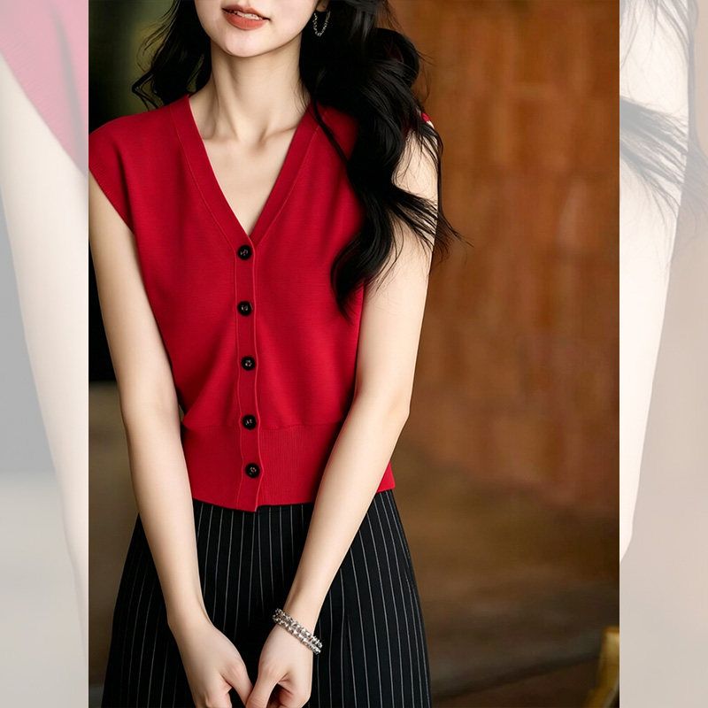 轻熟优雅风V领红色针织开衫女