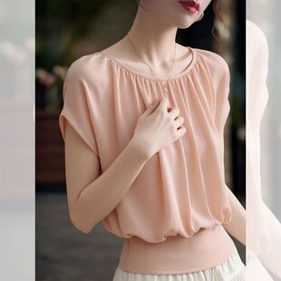 法式高知小资收腰短袖粉色衬衫女2026新款别致很仙的小衫雪纺上衣