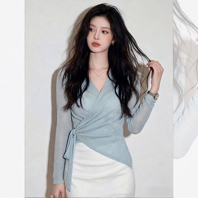 修身绑带V领长袖蓝色设计感上衣