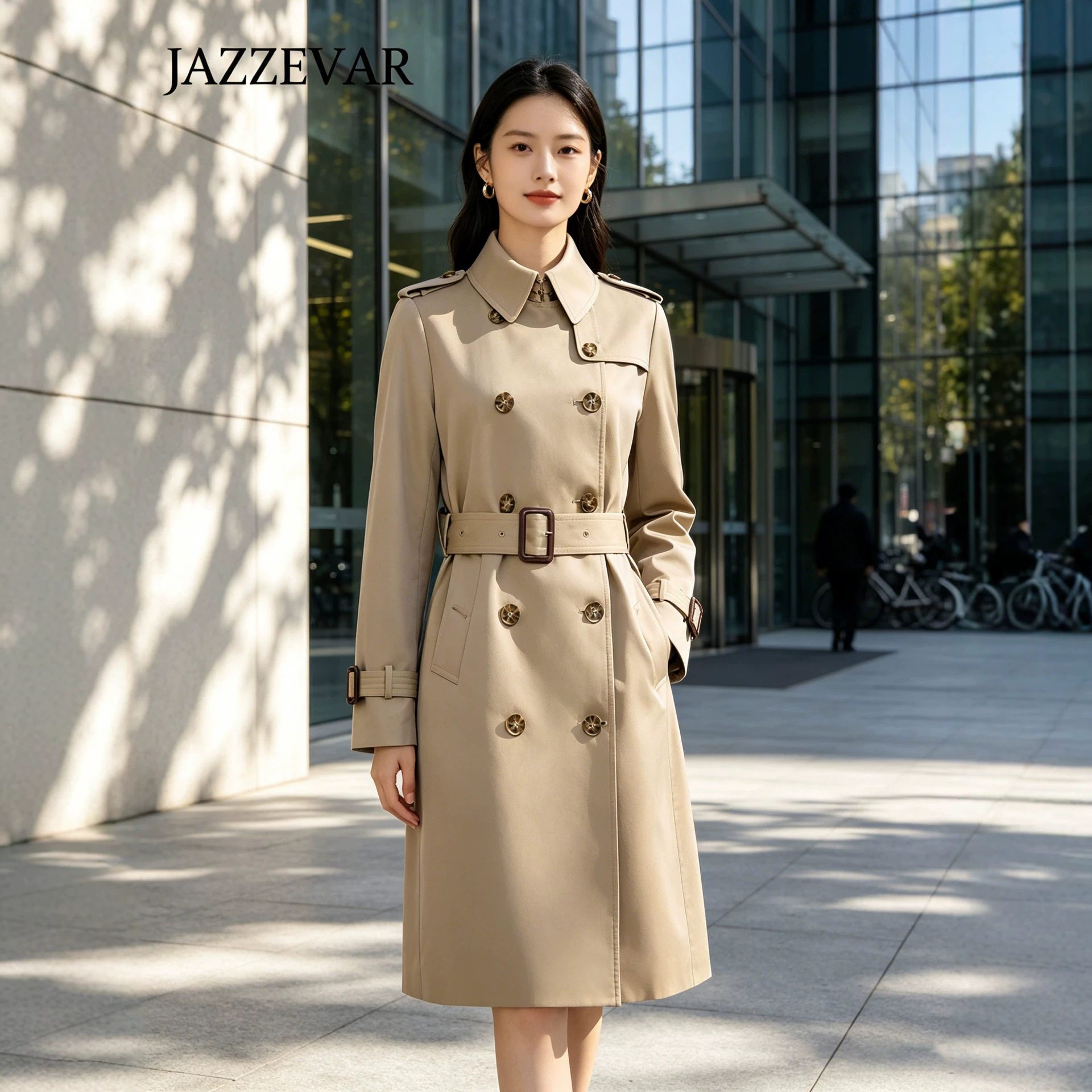防水莹光英伦风及膝双排扣风衣女