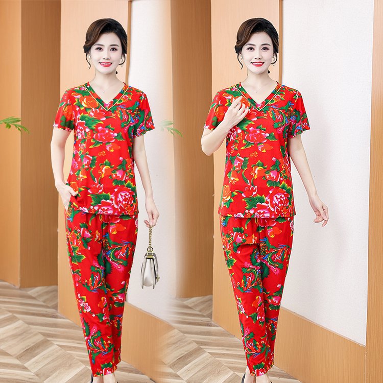 款中老年夏季家居服两件套时尚妈妈装睡衣套装广场舞东北大花