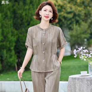 中老年夏季 短袖 套裝 T恤襯衫 上衣 休閑洋氣兩件套新款 中年媽媽夏裝