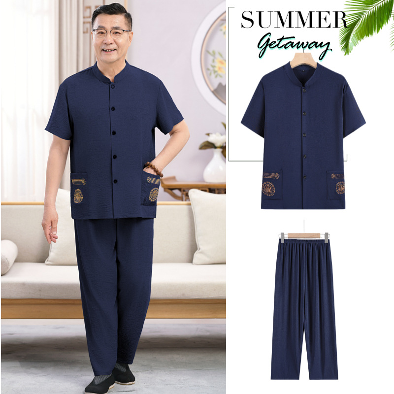 中老年人夏装短袖套装男爷爷衬衫两件套爸爸宽松绵绸老人薄款衣服