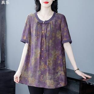 百搭雪紡小襯衫 夏季 盤扣短袖 上衣中年女裝 輕熟高檔碎花寬松加大碼