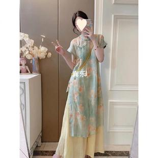 连衣裙夏季 冷风盘扣斜门襟女中长款 文艺茶服侧开叉in风两件套真乐
