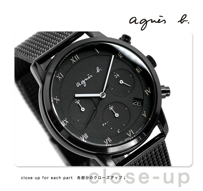 日本代购 agnes b. 全黑男士休闲三眼计时太阳能腕表光能手表
