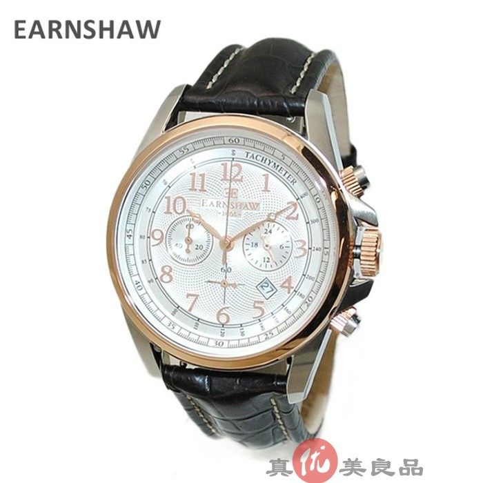 日本代购 earnshaw 男士英伦复古三眼多功能表盘真皮商务石英手表