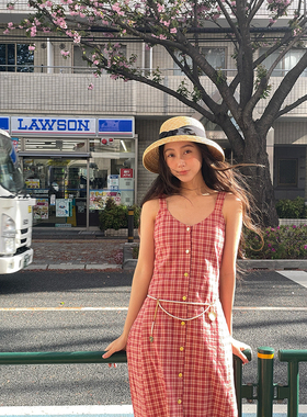 AcidPear窈窕淑女红粉甜格纹吊带气质抹胸单排金扣显瘦经典连衣裙