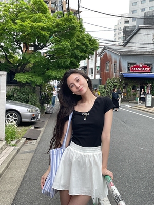 薄T恤蝴蝶结水钻精梳棉两式穿法