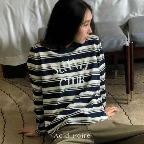 Acid Poire2026  酸梨俱乐部 纯棉黑白印花条纹长袖T恤