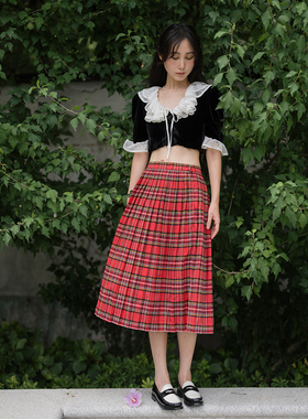 AcidPear 开运红格纹羊毛百褶裙少女感学院风高腰中长款半裙春夏