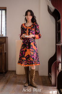 真丝收腰连衣裙 60年代摩登复古嬉皮士风娃娃裙 Acid Poire