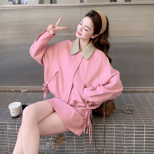俏皮粉色翻领休闲外套半裙套装女2026春秋新款洋气时髦韩系两件套