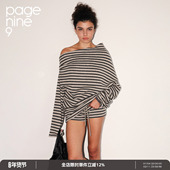 page 针织T恤上衣女 运动一字领花绒条纹长袖 ninenine 25aw秋季