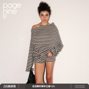 运动一字领花绒条纹长袖 25aw秋季 针织T恤上衣女 ninenine page