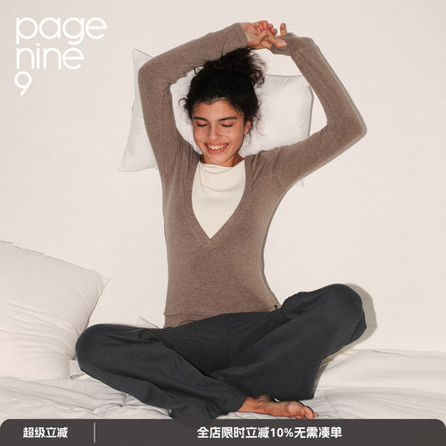 page ninenine 25aw秋季复古运动修身深v领假两件长袖T恤上衣女