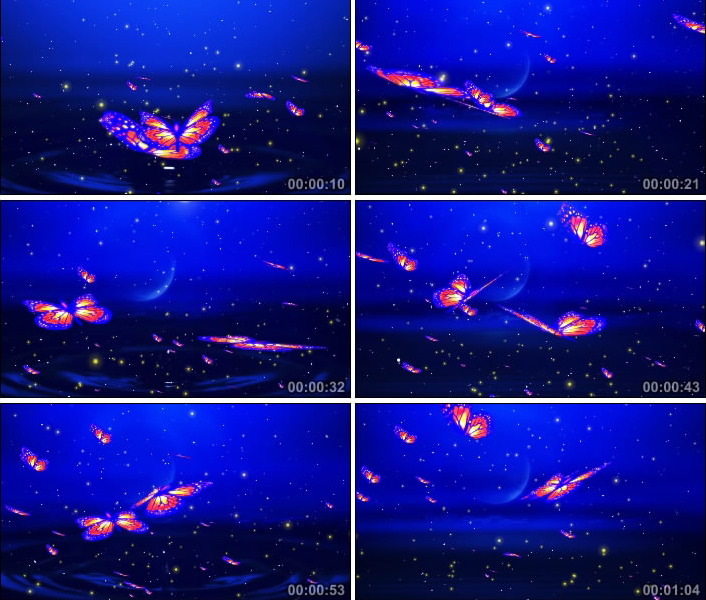 彩色蝴蝶飞舞 水滴落下 萤火虫月色 粒子星空 led大屏幕背景视频