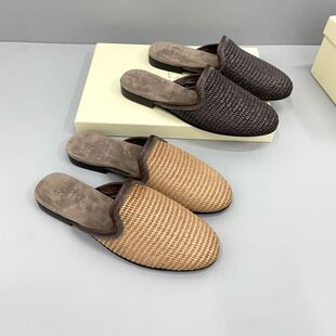 2025新款BC编织包头穆勒拖鞋女外穿复古拉菲草半拖手工串珠链凉鞋