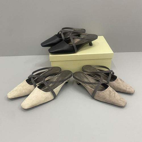 26新款BC包头猫跟凉鞋珠链装饰交叉带半拖鞋百搭穆勒鞋