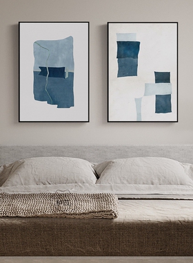 现代简约客厅装饰画沙发后背景墙玄关挂画三联蓝色抽象色块壁画