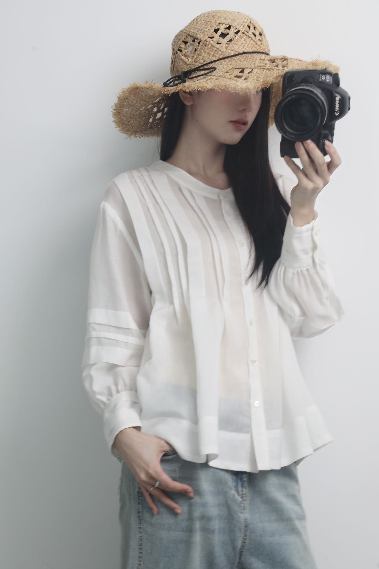 LPIUTY 2026早春新款法式复古风立领中袖衬衫女白色褶皱百搭上衣