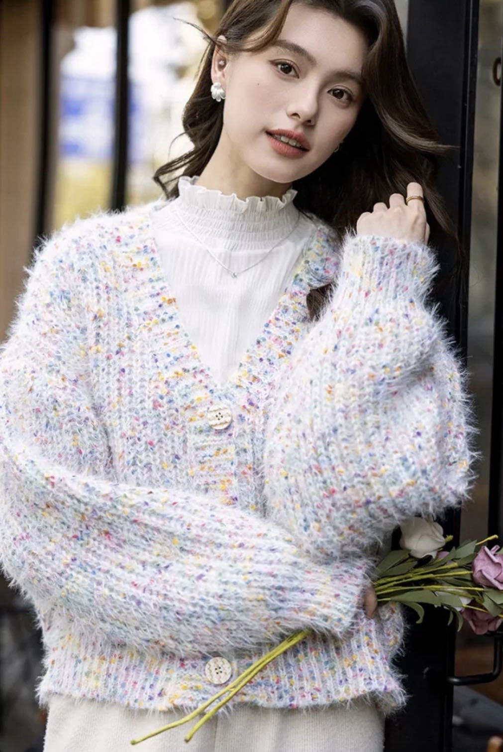 LPIUTY  2025冬彩点毛绒毛衣开衫女V领宽松软糯短款针织外套