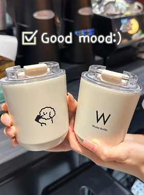 简约治愈咖啡水杯子ins可爱修狗W精致办公桌面情侣小巧翻盖保温杯