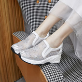 一脚蹬坡跟软底软面轻便单鞋 艾淇水钻网面透气休闲鞋 女2025新款 女