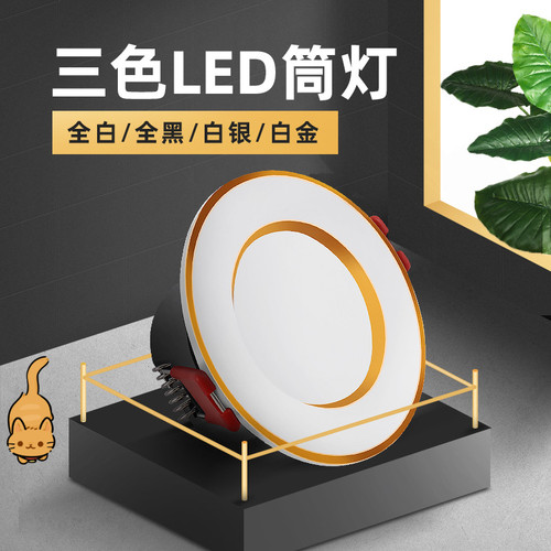 客厅灯LED筒灯天花照明灯黑色嵌入式射灯三色可调光圆孔灯牛眼灯