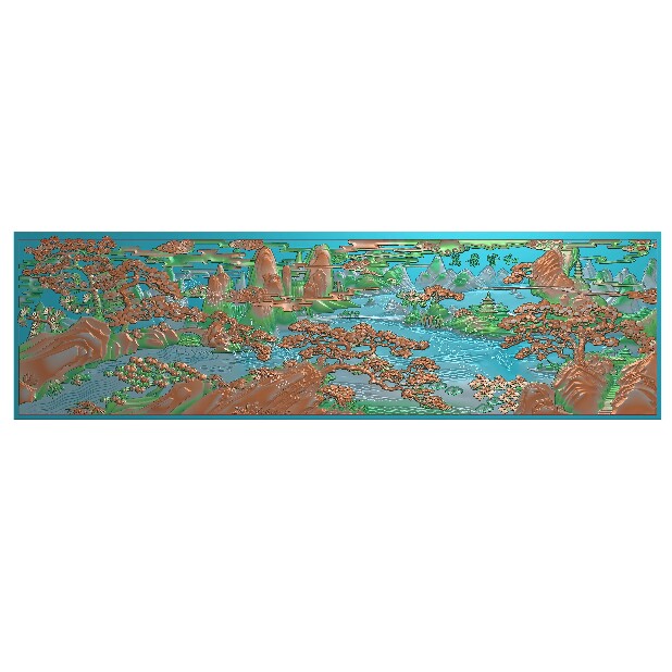 精雕图浮雕图山水人物万景皆和风景图河流松树横板精雕图s2651