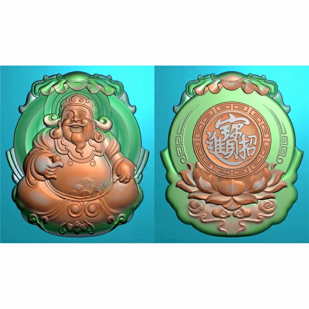 财神爷 精雕图双面挂件招财进宝蝙蝠仿古莲花电脑雕刻玉雕jdp1667
