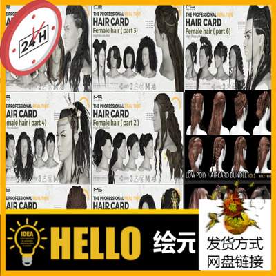 10组高质量面片头发发型3D模型HAIR CARD Female hair 3D素材