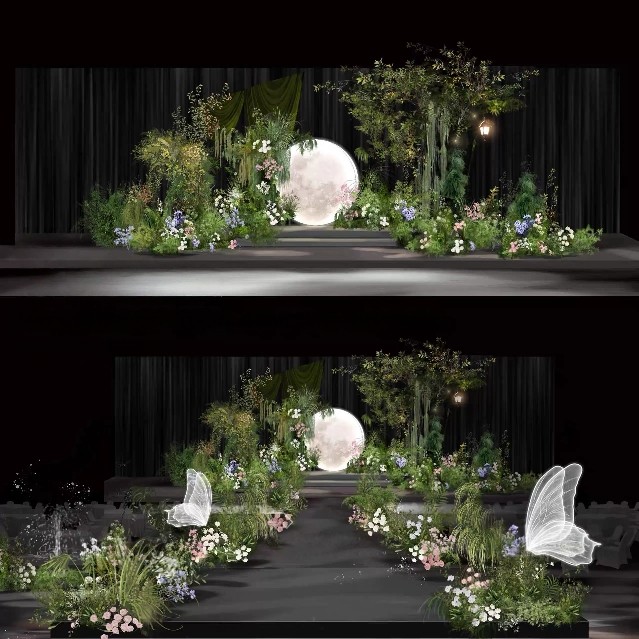 983森系婚礼效果图野生自然风花艺婚礼舞台迎宾区婚礼设计素材psd