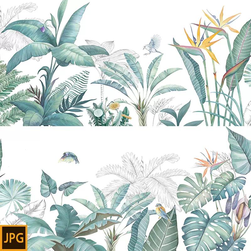 热带雨林棕榈叶椰子树芭蕉树手绘小清新装饰画背景墙壁纸素材图片图片