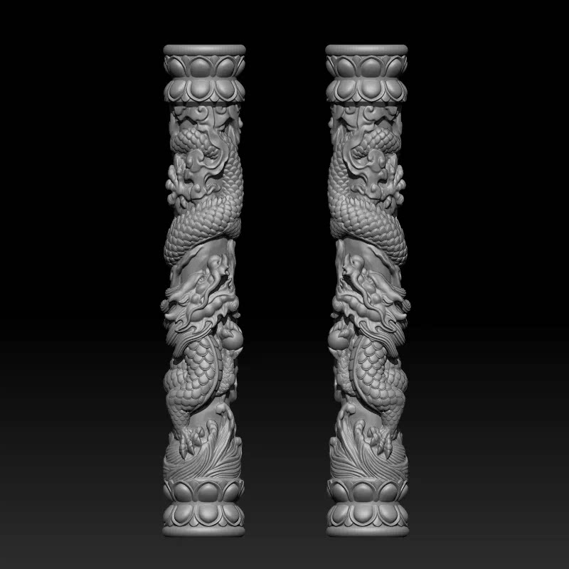 龙柱莲花底座STL格式圆雕图精雕图石雕香炉柱扫描图3D打印龙凤柱