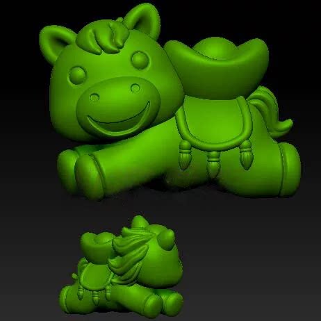 马上发财生肖三维立体圆雕图STL图趴趴小马雕刻3D打印模型图C590