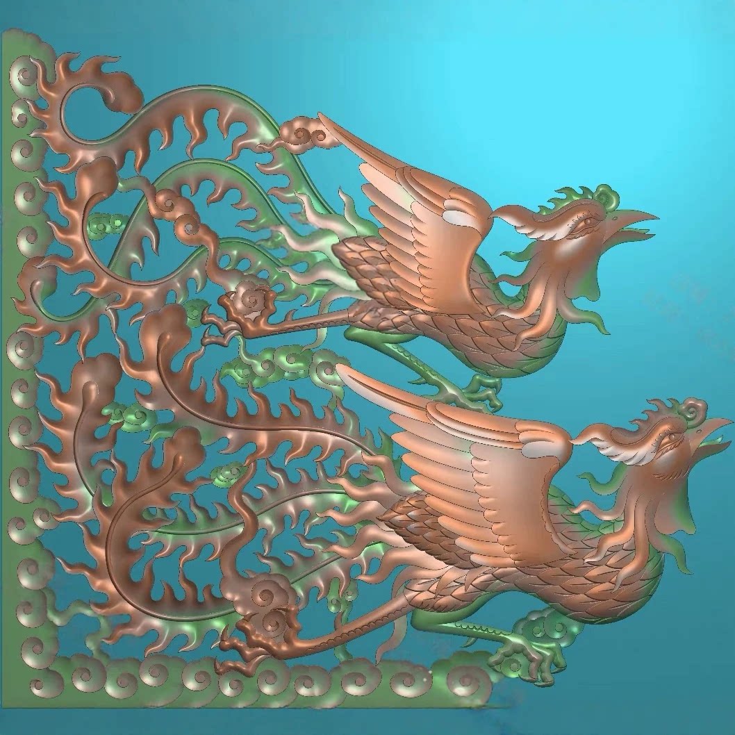 精雕图浮雕图凤凰双凤和鸣角花祥云石雕图s2520