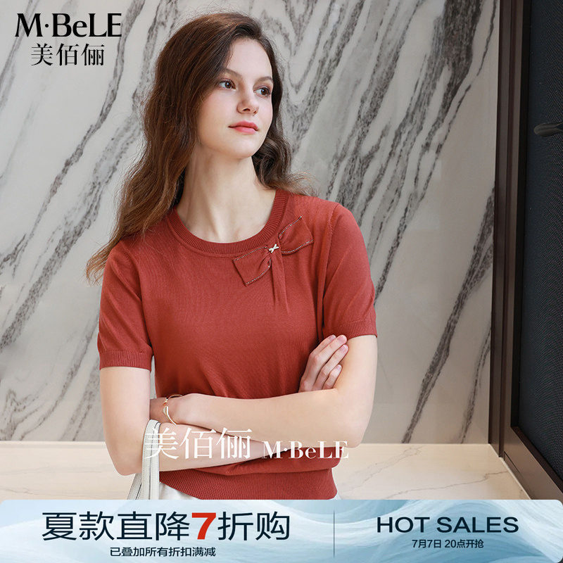 美佰俪天丝砖红色短袖针织衫女2026夏季薄款蝴蝶结烫钻T恤衫上衣图片