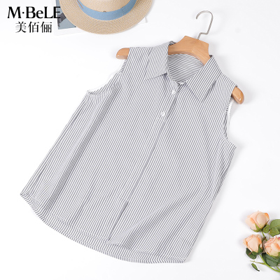 美佰俪2025新款翻领衬衣百搭叠穿无袖背心衬衫女秋冬条纹气质上衣