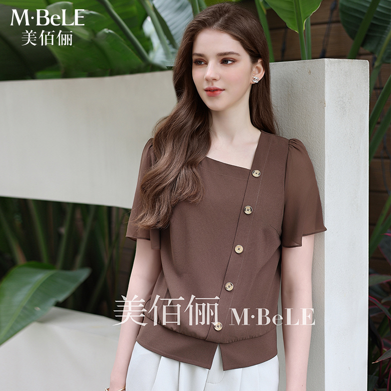 美佰俪2025夏季新款时尚V领气质雪纺衫女装短袖小衫设计感上衣