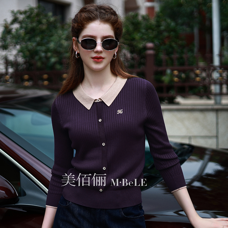 叠穿学院风撞色翻领长袖针织衫