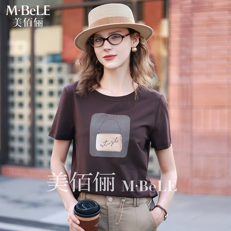 美佰俪别致印花莫代尔棉短袖t恤女2025夏季新款宽松显瘦体恤上衣