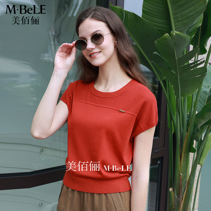 美佰俪2026夏季新款圆领落肩莱赛尔天丝针织衫女气质百搭T恤上衣