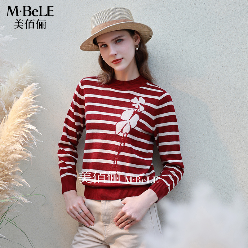 美佰俪秋冬圆领羊毛衫女2025新款红色毛衣简约休闲撞色条纹针织衫