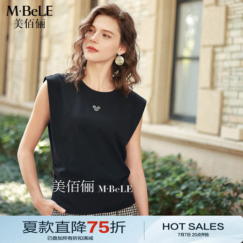 美佰俪2026夏季新款设计感显瘦百搭无袖米奇头烫钻T恤衫女士上衣