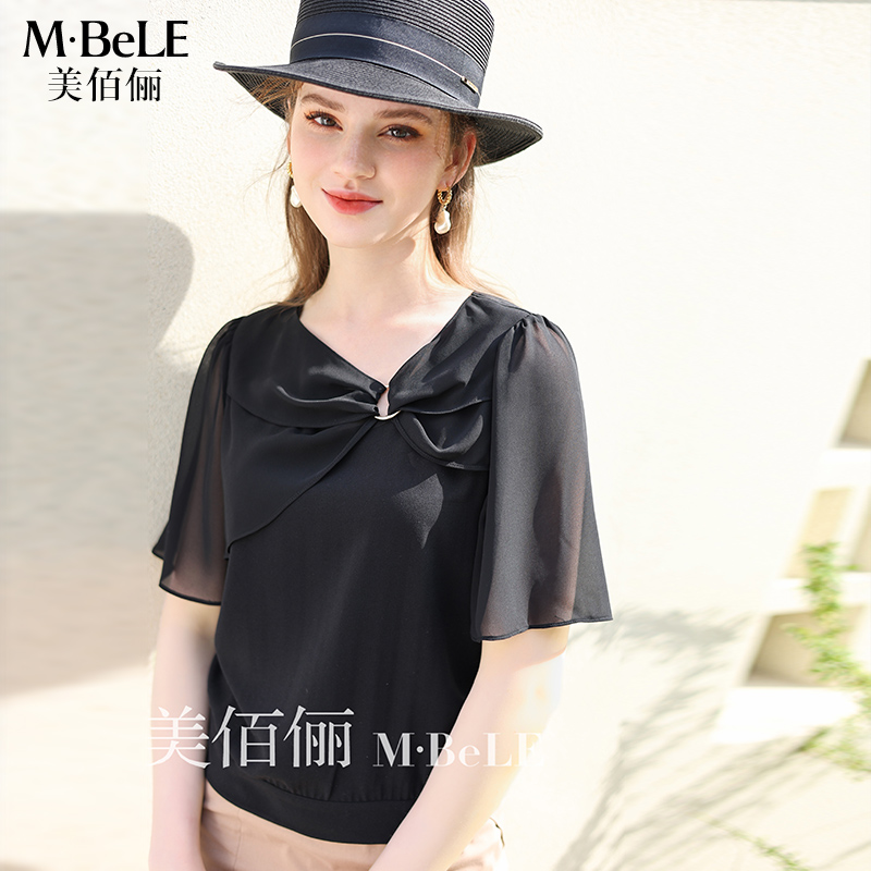 美佰俪V领纽结衬衫女夏季2025新款气质显瘦雪纺衫上衣设计感小衫