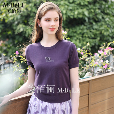 美佰俪2025夏新款简约舒适天丝针织衫女短袖圆领玫瑰刺绣T恤上衣