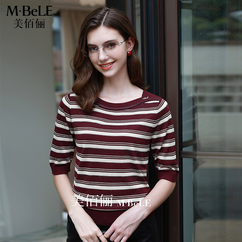 美佰俪2026秋新款莱赛尔天丝针织衫一字领条纹中袖气质显瘦女上衣