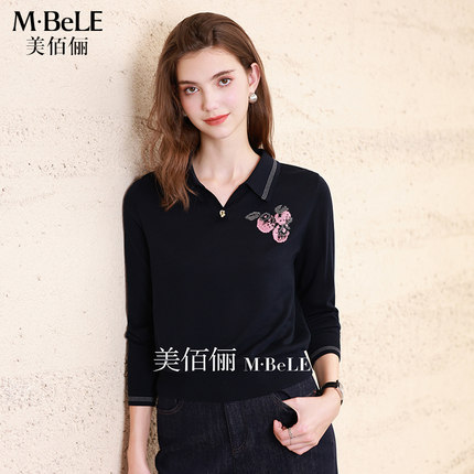 美佰俪天丝莱赛尔翻领针织衫女长袖2026秋季新款气质通勤显瘦上衣
